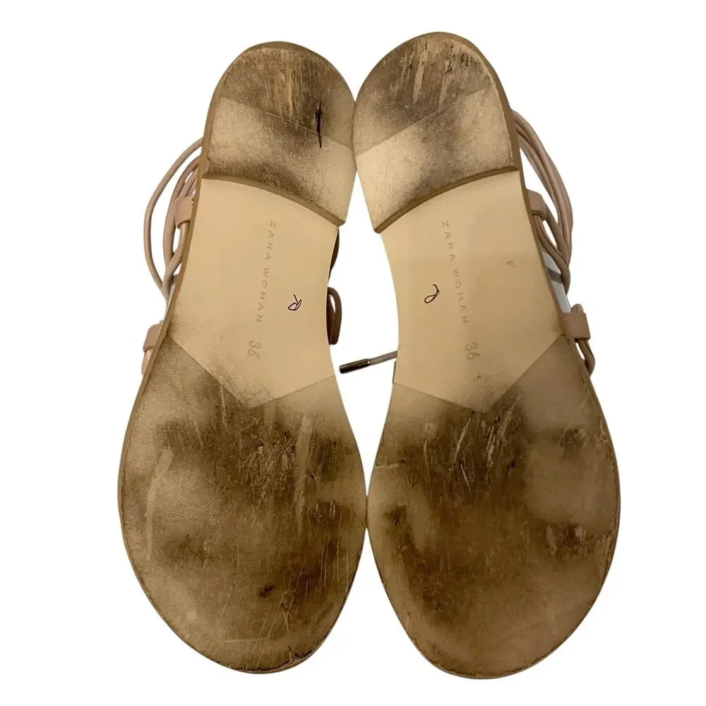 Zara Feather Gladiator Sandals 36EU/6US Tan Multi Lace Up Ankle Strap Boho Flat - Picture 8 of 9